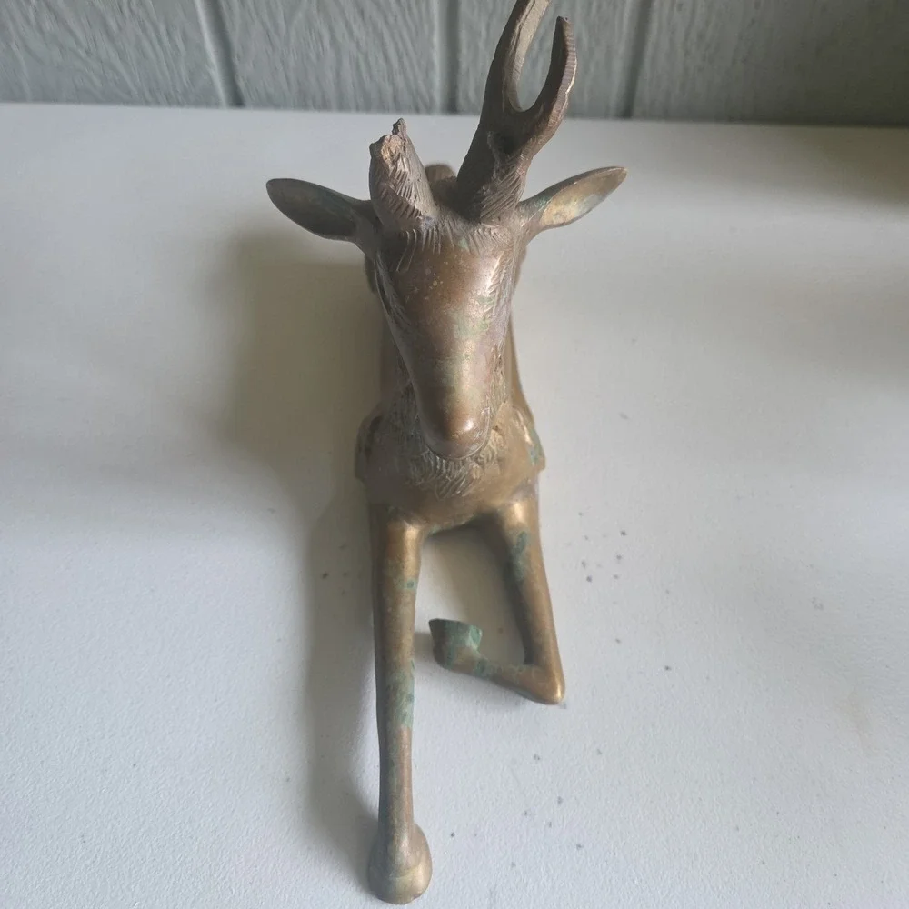 Vintage Brass Sculpture Deer MCM Stag Reclining Figure Antlers Aged Patina AS IS